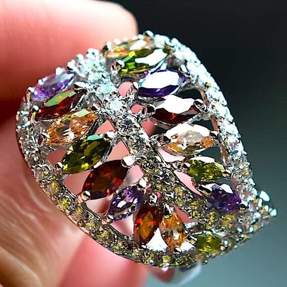 18K Gold Plated Rainbow Ring, Marquis Cut, Zircon, Multicolor - Picture 5 of 7